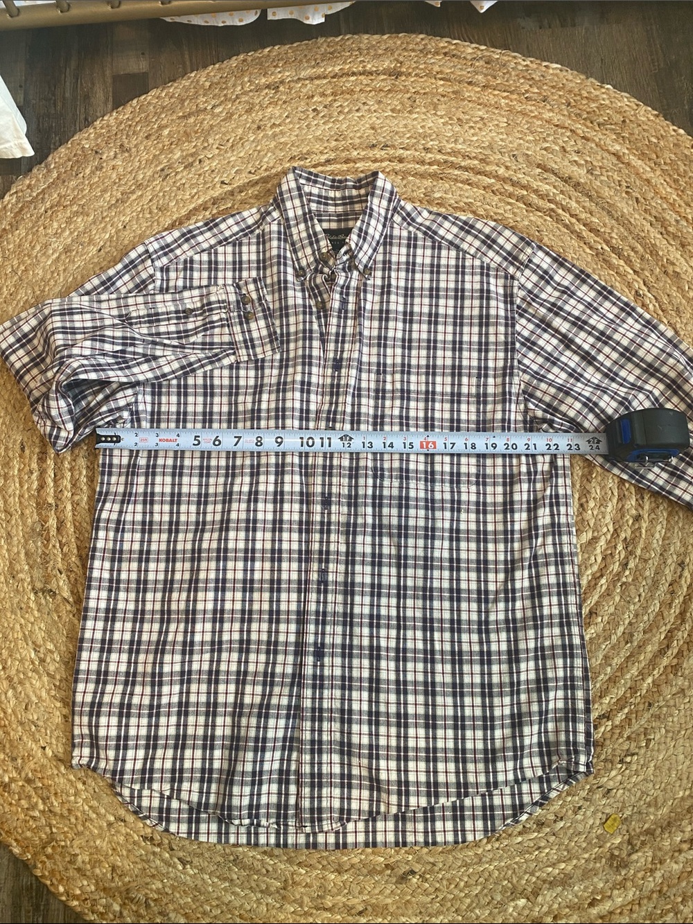 Eddie Bauer Men's Plaid Button-Down Shirt - Navy, White & Brown